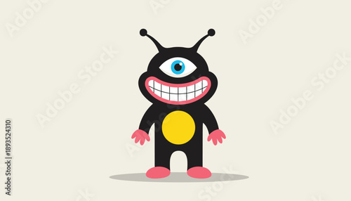 Fun monster design featuring single eye and exaggerated grin in quirky cartoon vector art