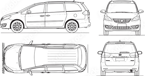 Technical blueprint of modern family minivan with multiple viewings