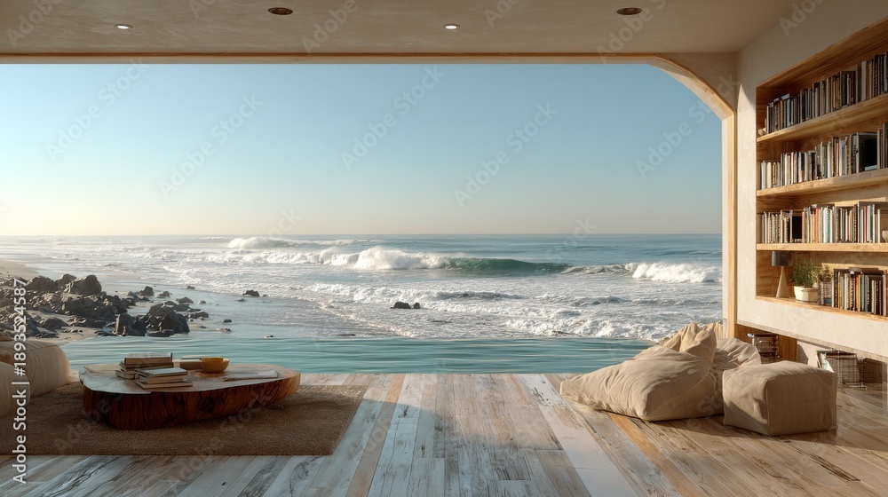 Fototapeta premium Minimalist desk featuring a coastal office view and ocean backdrop