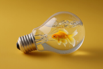 creative concept studio photograph of a white lightbulb containing a goldfish in water against a solid mustard yellow background representing sustainable ideas.