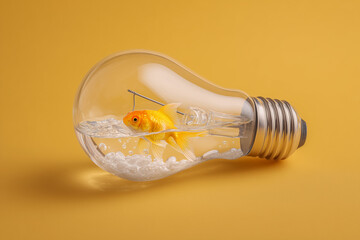 creative concept studio photograph of a white lightbulb containing a goldfish in water against a solid mustard yellow background representing sustainable ideas.