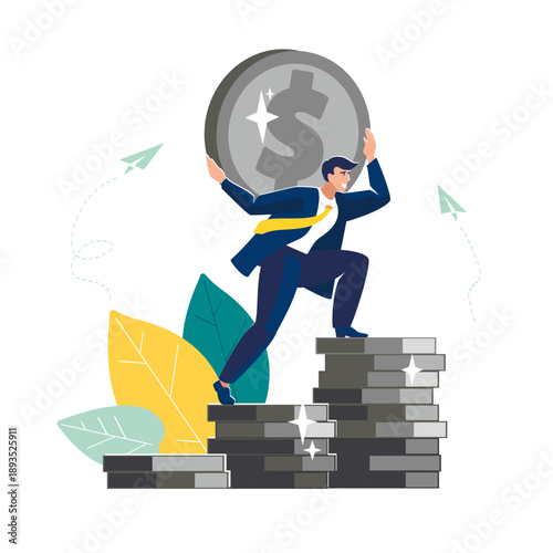 Business analysis. Businessman with a silver dollar coin climbs up the growth stacks of pennies. Investment, people. Presentation of finances. Money profit, career growth, success. Vector illustration