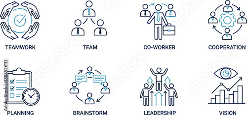 Business teamwork icon set illustration, collaboration leadership planning vision brainstorming concepts, modern line icons for corporate strategy management design