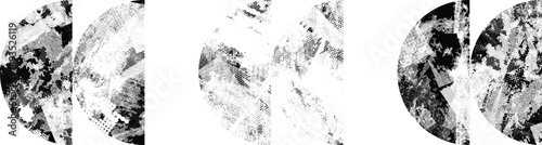 Textured half circles vector set. Glitched social media templates . Trendy defect error shapes . Glitched frame .Grunge textured. Distressed effect. Shapes with a halftone dots screen print texture.
