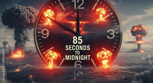 Doomsday clock with nuclear war backdrop and urgent countdown
