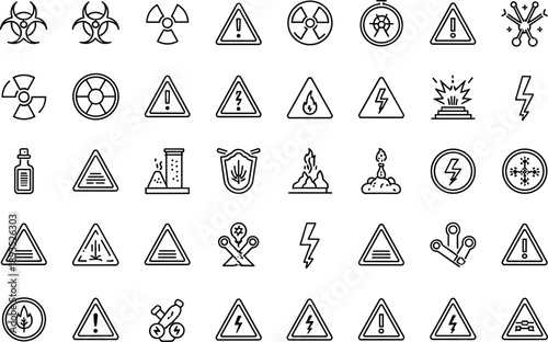 Hazard warning safety icons set, danger radiation biohazard electrical chemical alert outline vector illustration collection
