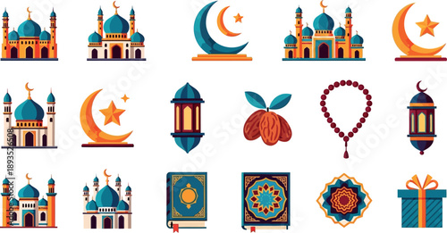 Ramadan celebration icons with mosque, crescent moon, dates, and lanterns