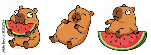Set of cute cartoon capybaras with watermelon, funny vector illustrations of trendy animal characters in flat style isolated on white background, summer chill and food joy concept.