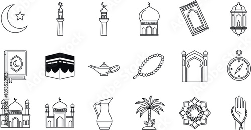 Ramadan celebration icons depict various cultural and religious symbols in illustrations.