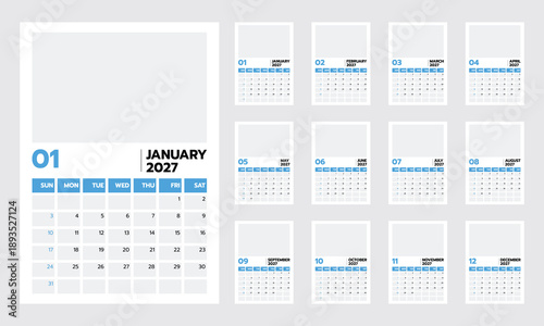 Set of blue color calendar 2027 vertical size A4 template modern vector design.