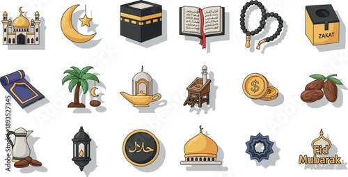 Ramadan celebration icons with mosque, lantern, dates, and prayer beads on white background