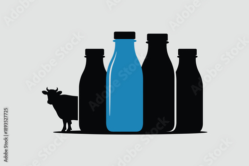 Blue Milk Bottle with Cow, dairy branding concept