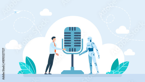 Human and robot conducting discussion on podcast interview. A man and robot with microphone. Dialog. Artificial intelligence technology. Conversation, discussion, communication. Vector illustration