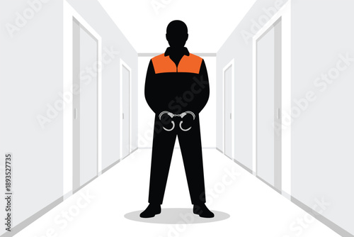 Handcuffed Prisoner in Hallway, justice and crime concept
