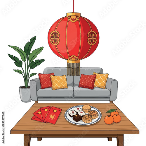 Flat lay illustration of a cozy living room with a gray couch, red and gold lantern, plant, and a wooden coffee table featuring imlek treats and decorations on a clean white background.