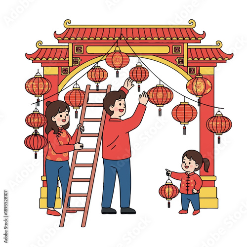 A family decorates a traditional Chinese gate with red lanterns for a festive celebration in a colorful and lively scene.