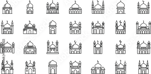 Collection of Mosque Illustrations in Various Architectural Styles on White Background during Ramadan Celebrations