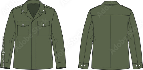 Military style olive green jacket, flat vector illustration, front and back view, technical fashion sketch, apparel design template