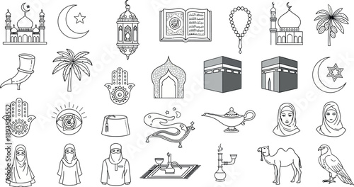 Ramadan celebration icons featuring mosque, lantern, and cultural symbols