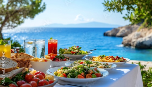 Vibrant summer al fresco dining by the sea, featuring a lavish spread of fresh Mediterranean salads, pasta, and refreshing drinks