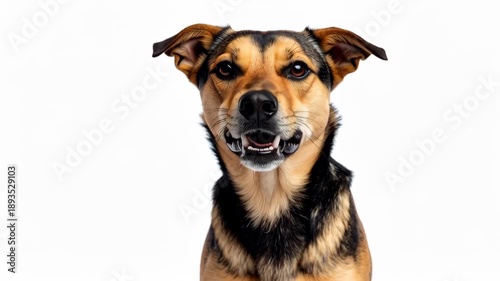 Expressive dog with open mouth and visible teeth, looking forward on a white background