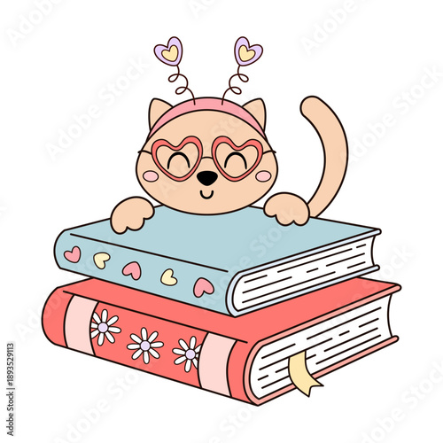 Valentine books with cute cat vector illustration. Romance bookish clipart, Valentines day design, Romantic aesthetic.