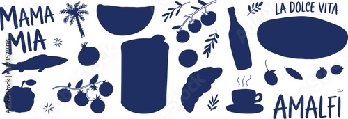 Italian lifestyle silhouette illustration set, Mama Mia Amalfi La Dolce Vita icons, food olives wine coffee, mediterranean travel design