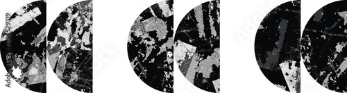 Textured half circles vector set. Glitched social media templates . Trendy defect error shapes . Glitched frame .Grunge textured. Distressed effect. Shapes with a halftone dots screen print texture.
