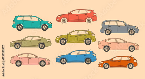 Colorful cartoon cars arranged in a grid pattern on a pastel background.
