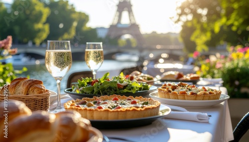 Charming Parisian summer outdoor dining scene with an exquisite array of French culinary delights, featuring fresh quiches, pastries, and sparkling drinks, all set against the iconic Eiffel Tower