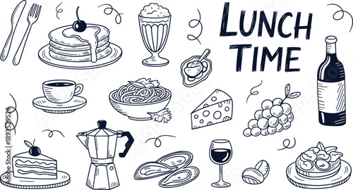 Lunch time food doodle illustration set, hand drawn meals desserts drinks, cafe restaurant menu elements, playful sketch style, isolated background