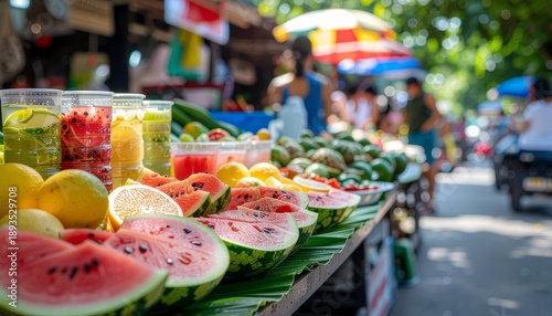 A vibrant display of fresh, colorful fruits and refreshing beverages at a bustling outdoor street market, capturing the essence of local commerce and healthy choices