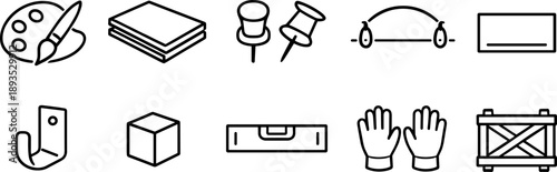 Collection of line art icons representing various tools and supplies for creative projects and construction