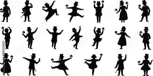 St Patrick Day dancing silhouettes collection, Irish people celebration poses, leprechaun style characters, festive black vector icons isolated