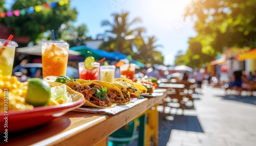 A vibrant and warm culinary display of authentic Mexican street tacos and refreshing drinks, set against a bustling outdoor market backdrop on a sunny day
