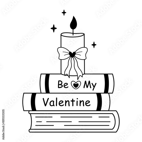 Valentine books with candle vector illustration. Be my Valentine doodle, Romance bookish clipart in black color, Valentines day design, Romantic aesthetic.