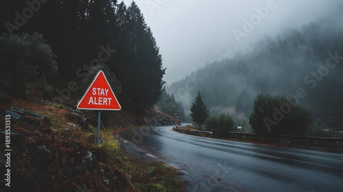 Stay alert road warning sign on forest highway with foggy mountains landscape.