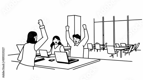 Enthusiastic team members celebrating a successful project completion in a vibrant modern office environment, showcasing collaborative achievement and shared triumph