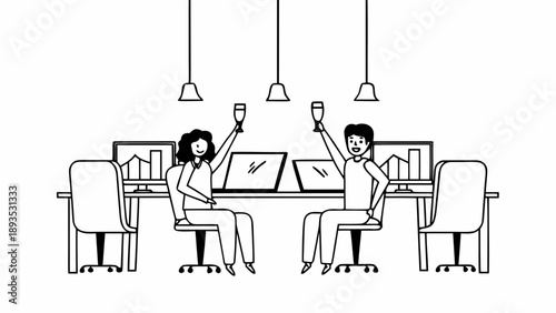 Professional colleagues celebrating success at their office desks, raising glasses in a joyful toast, symbolizing achievement and positive teamwork in a corporate setting