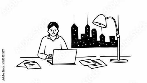 Professional working diligently on a laptop at a desk with papers and a lamp, against a city skyline backdrop, symbolizing urban work and modern productivity