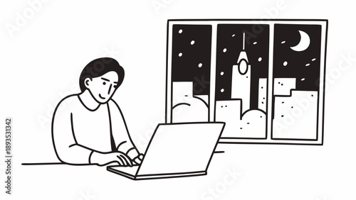 Diligent individual focused on remote work late at night, typing on a laptop with a modern city skyline and moonlight visible through the window, symbolizing productivity and dedication