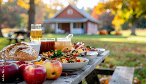 Bountiful autumn picnic spread on a rustic table, featuring fresh bread, crisp apples, vibrant salads, and drinks, set outdoors with colorful fall foliage and a cozy house