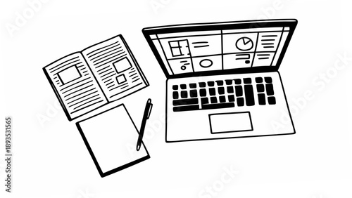 Illustration of a laptop displaying charts and a notebook with a pen, symbolizing business analysis and data visualization for modern professionals