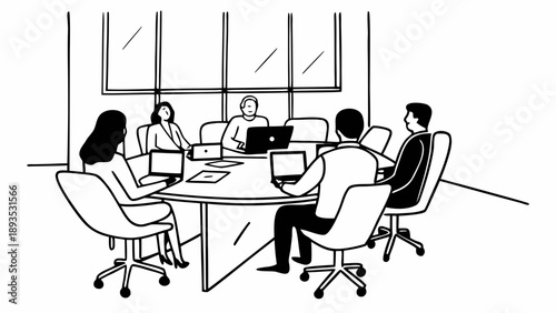 A diverse group of professionals collaborating around a conference table, engaged in a meeting with laptops and a central projector