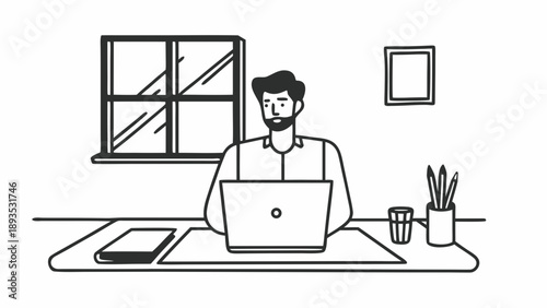 A focused male professional diligently working on his laptop in a modern home office setting, embodying productivity and the convenience of remote work, utilizing digital tools