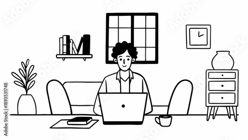 Focused young professional working remotely on laptop from a comfortable home office setup, embracing the modern hybrid work lifestyle in a cozy domestic environment