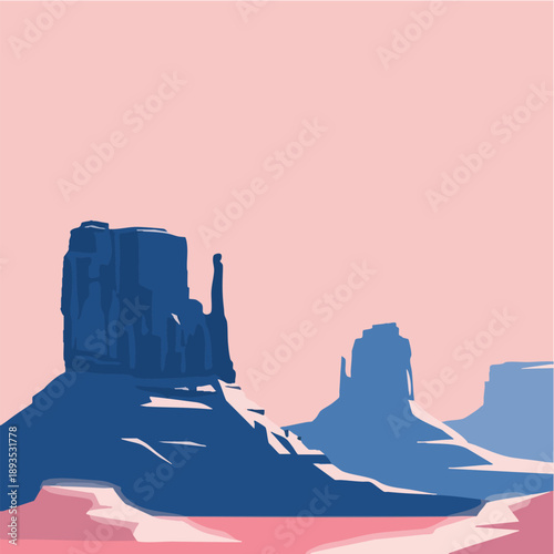 Graphic desert mesa landscape retro pink background