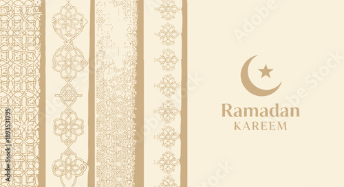 A light beige background with intricate Islamic patterns and a crescent moon and star icon, celebrating Ramadan Kareem.