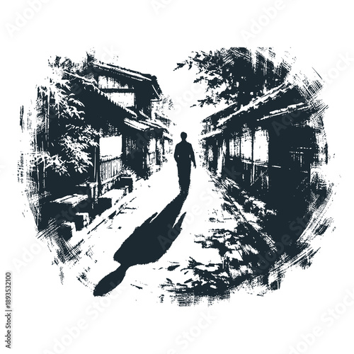 A person's shadow in the middle of a village alley in Japan