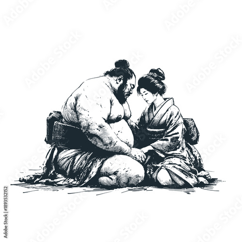 Japanese woman sitting with her sumo athlete husband